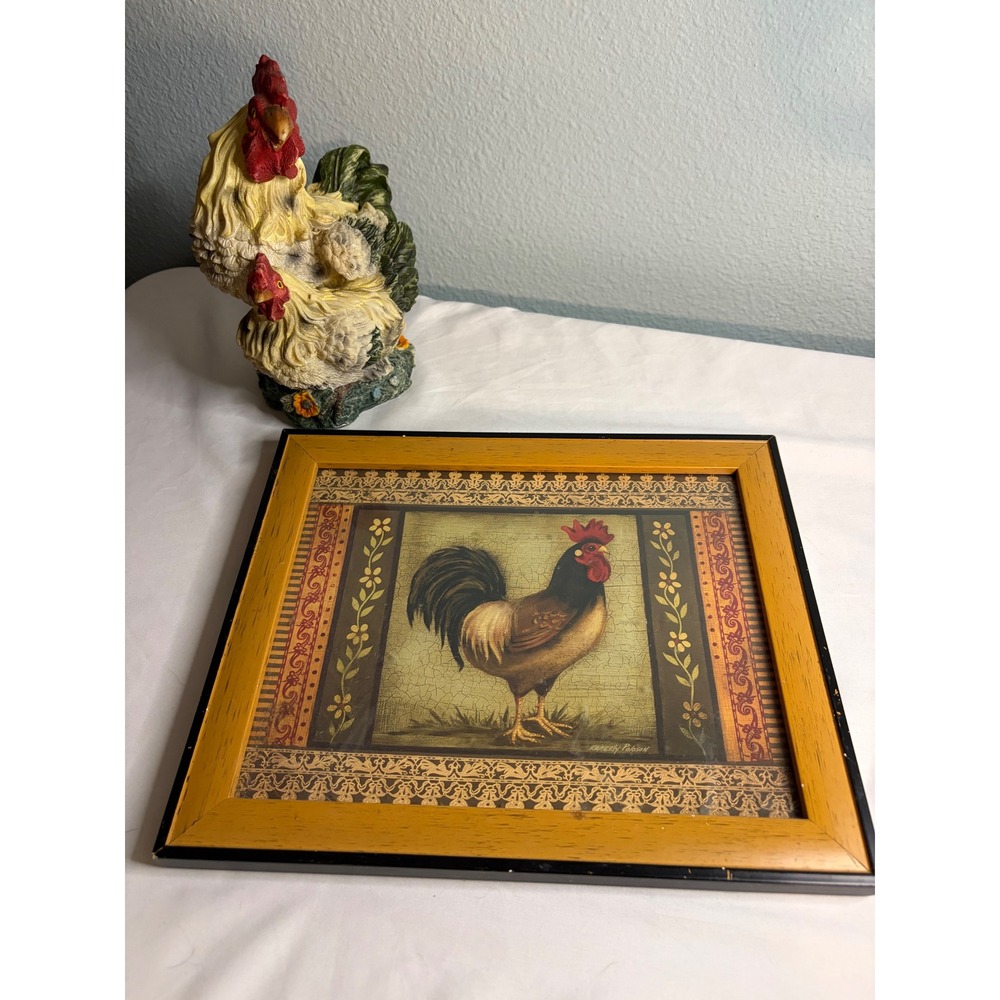 Rustic Farmhouse Rooster Decor Set Resin Figurine and Framed Art Print 2pc